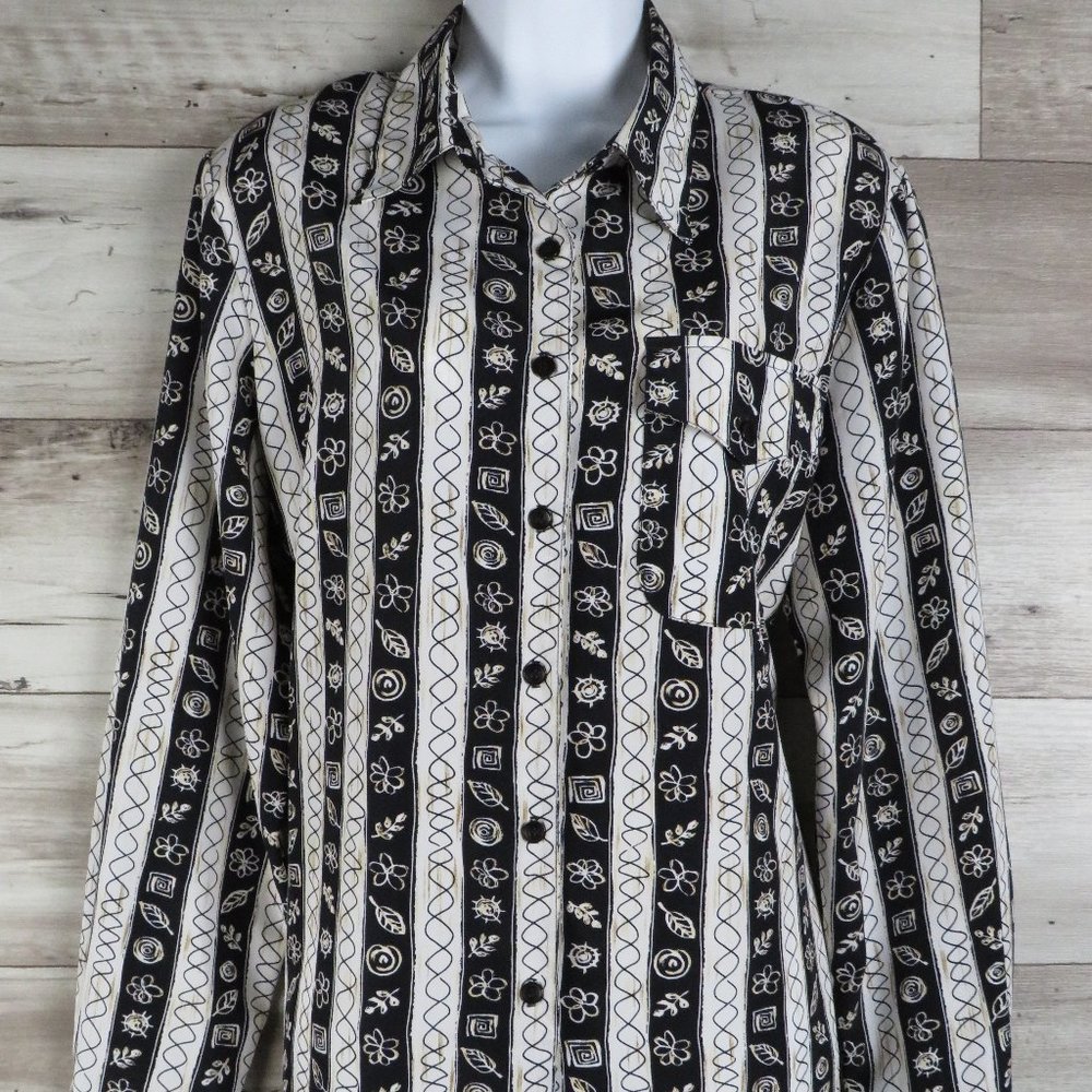 Truffles* Women's Long Sleeve Button Down Curved Hem Pad Shoulders Blouse~ Large